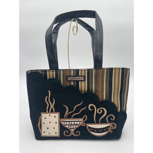 Longaberger Coffee-Themed Tote Bag With Stripe Pattern & Black Faux Leather Hand - Picture 1 of 3
